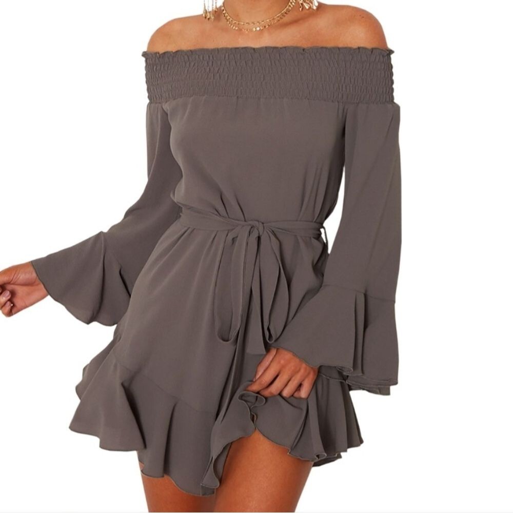 Black Off the Shoulder Bell Sleeve Dress